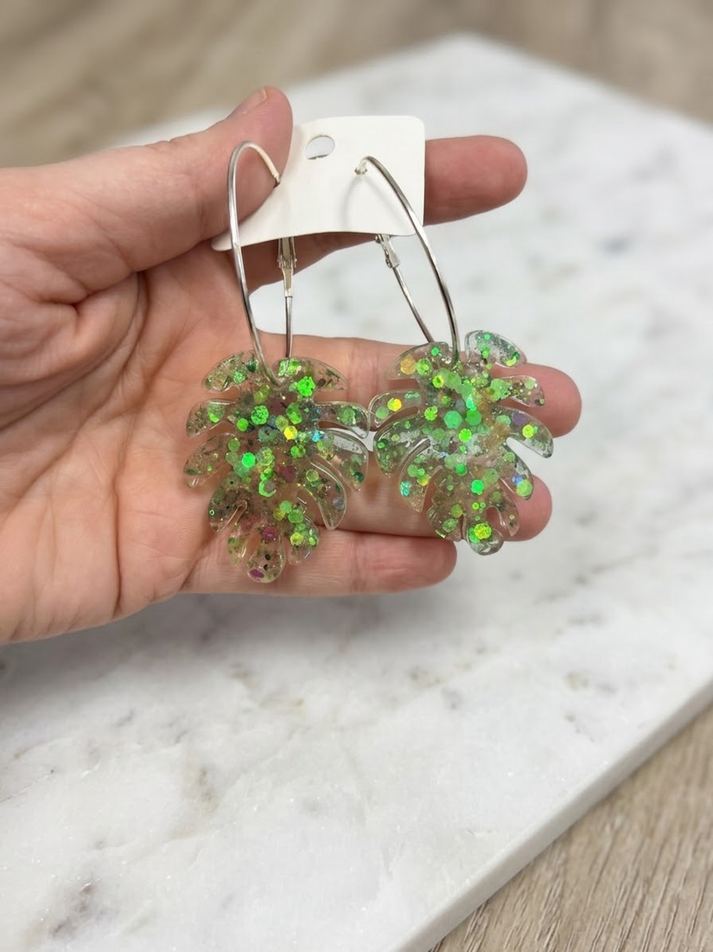 Artisan Lime Green Glitter Monstera Leaf Hoop Earrings